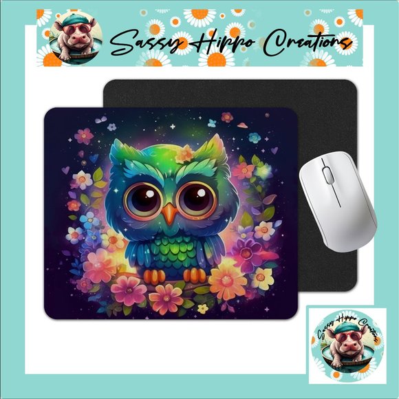 Mouse Pad Neon Owl Colorful Flowers Sublimated Anti Slip Back Easy Clean Durable - Picture 1 of 4